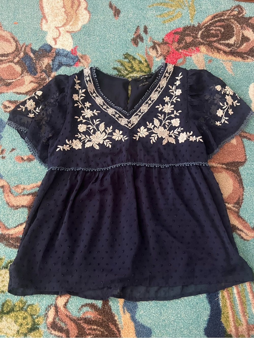 Miss Me Navy Blue Short Sleeve Embroidered V-Neck Blouse